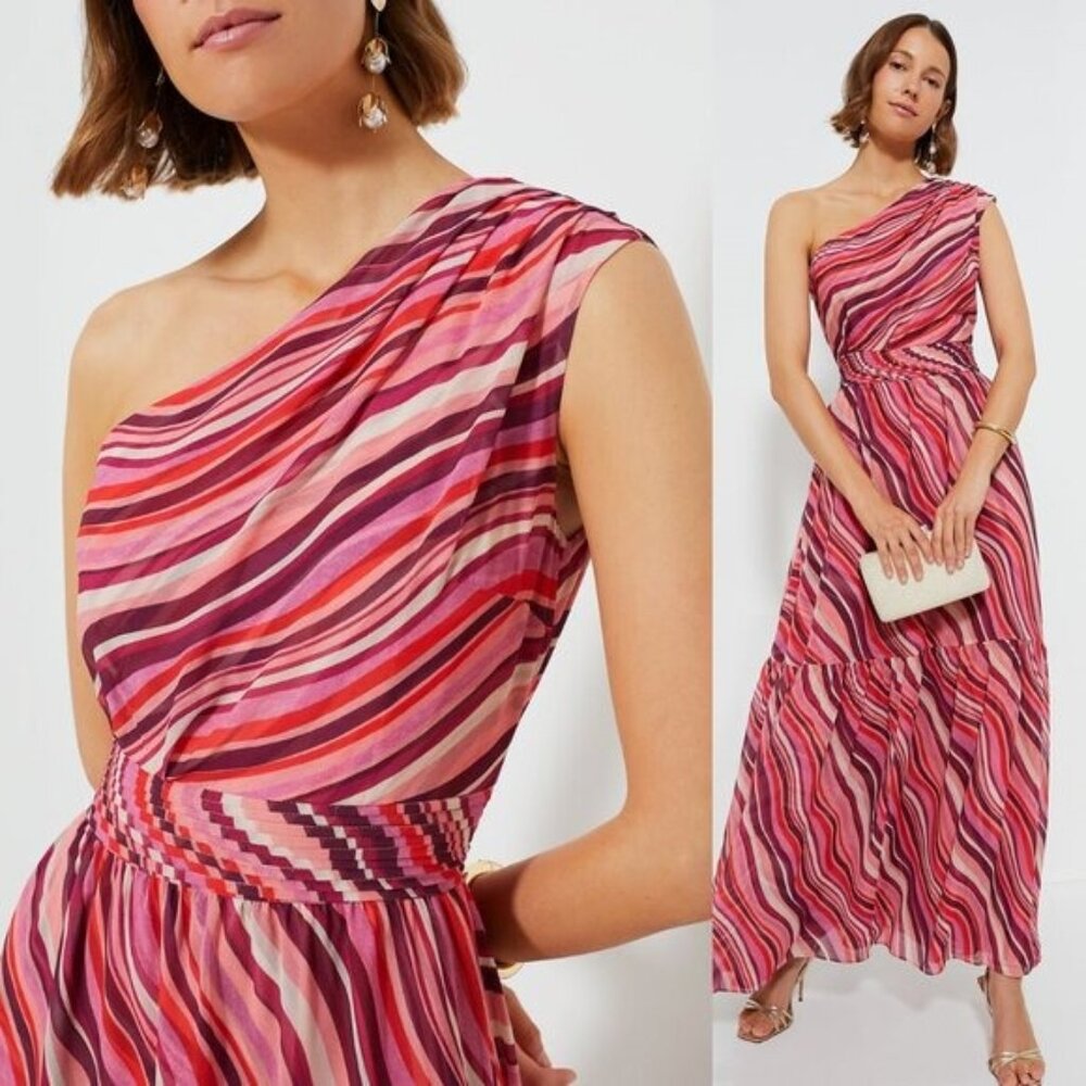 Tuckernuck One-Shoulder Maxi Dress in Pink and Red Wave Print - Picture 2 of 12